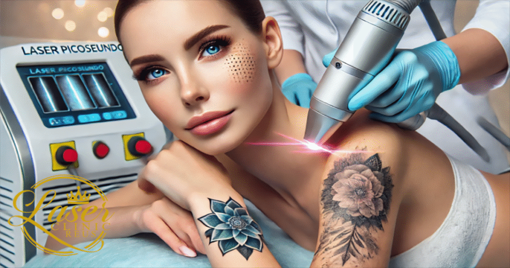 Tratamiento con láser picosegundo para eliminar tatuajes y manchas en la piel en laser clinic reus, con máquina láser profesional y técnico aplicando el procedimiento.